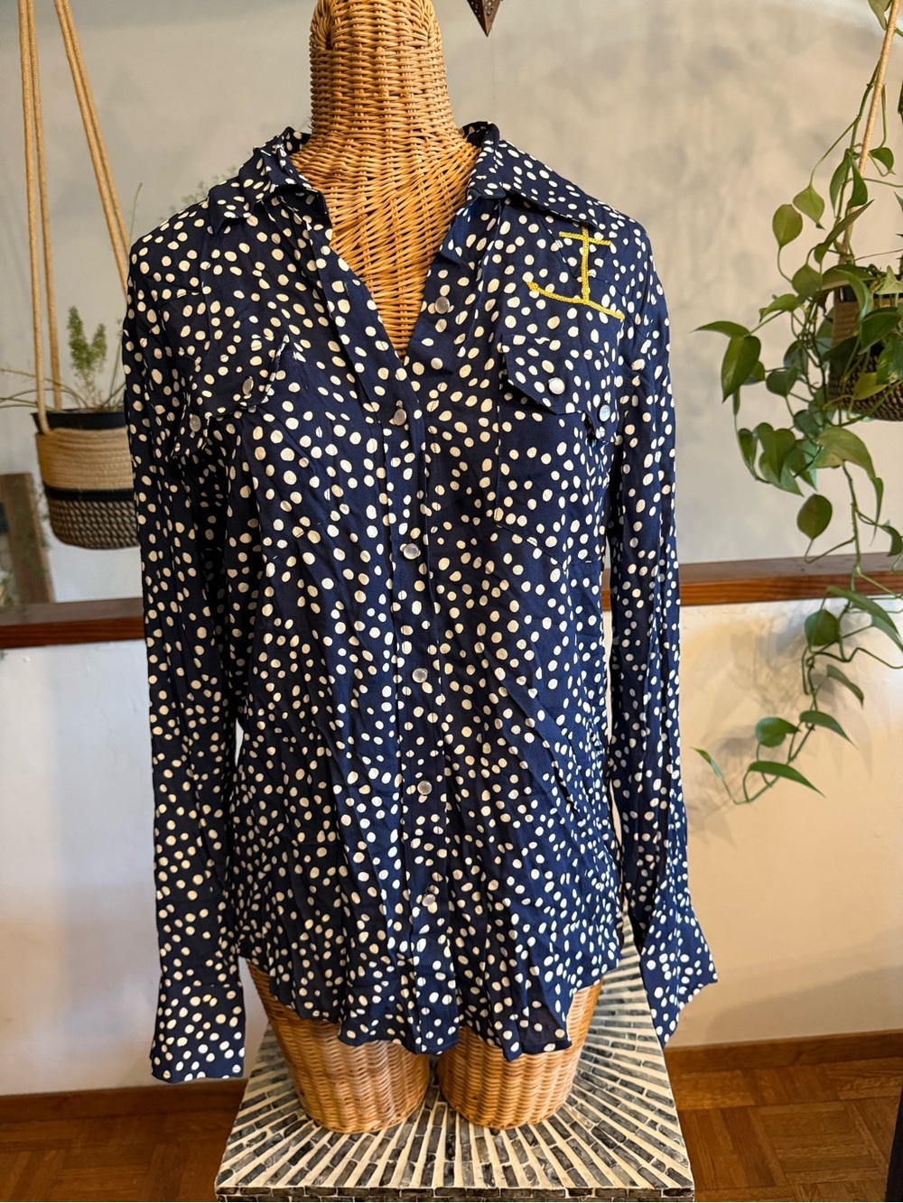 Women's Navy Polka Dot Button-Down Shirt - Classic Long Sleeve Top